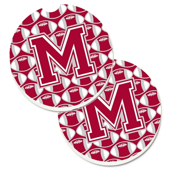 Carolines Treasures CJ1065-MCARC Letter M Football Crimson with Grey & White Set of 2 Cup Holder Car Coaster