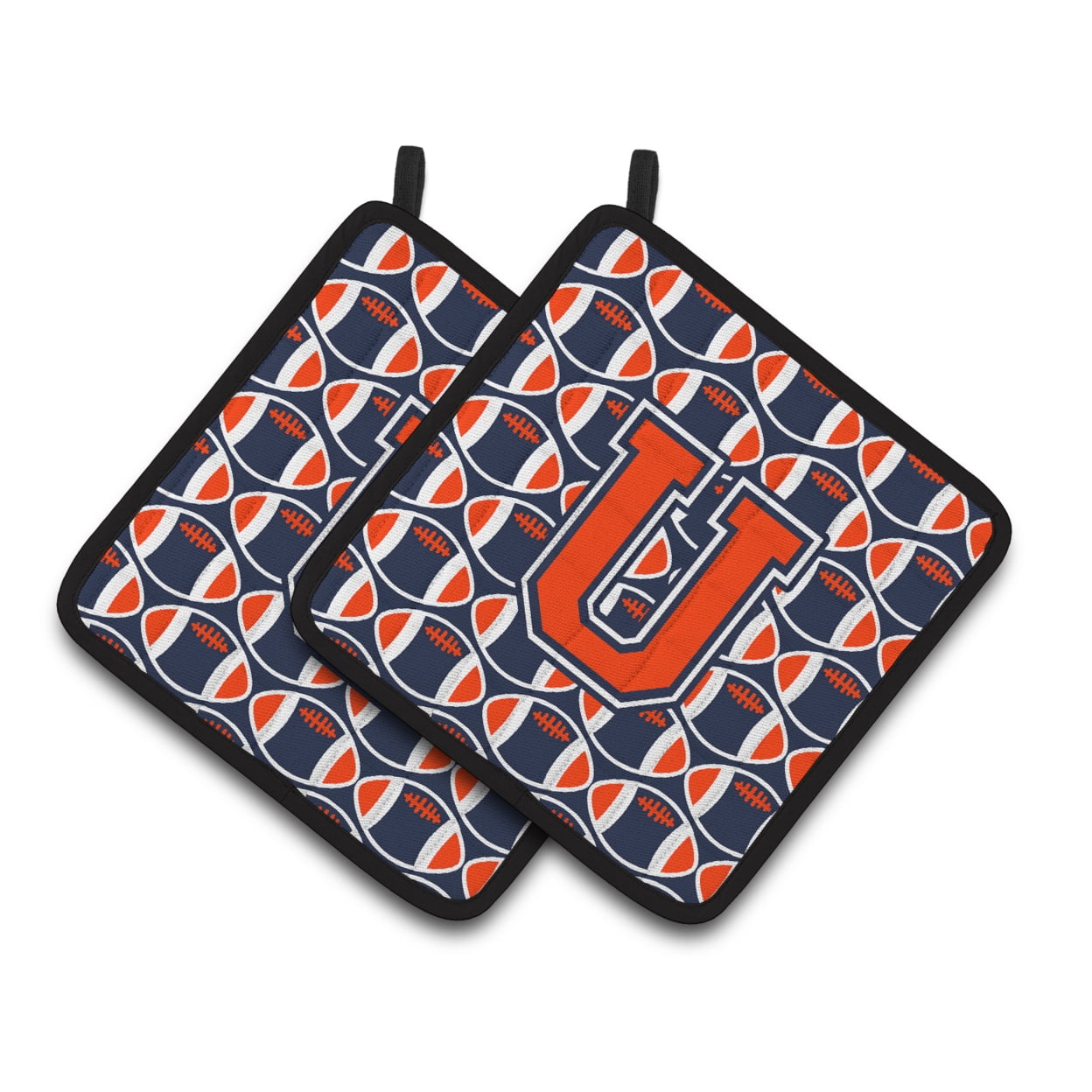 Carolines Treasures CJ1066-UPTHD Letter U Football Orange, Blue and white Pair of Pot Holders, 7.5HX7.5W, multicolor