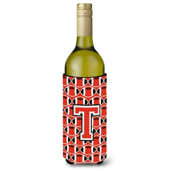 Carolines Treasures CJ1067-TLITERK Letter T Football Scarlet and Grey Wine Bottle Beverage Insulator Hugger Wine Bottle