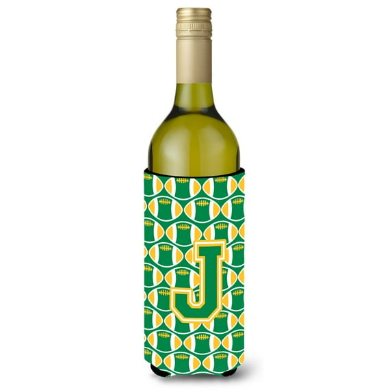 Carolines Treasures CJ1069-JLITERK Letter J Football Green and Gold Wine Bottle Beverage Insulator Hugger Wine Bottle