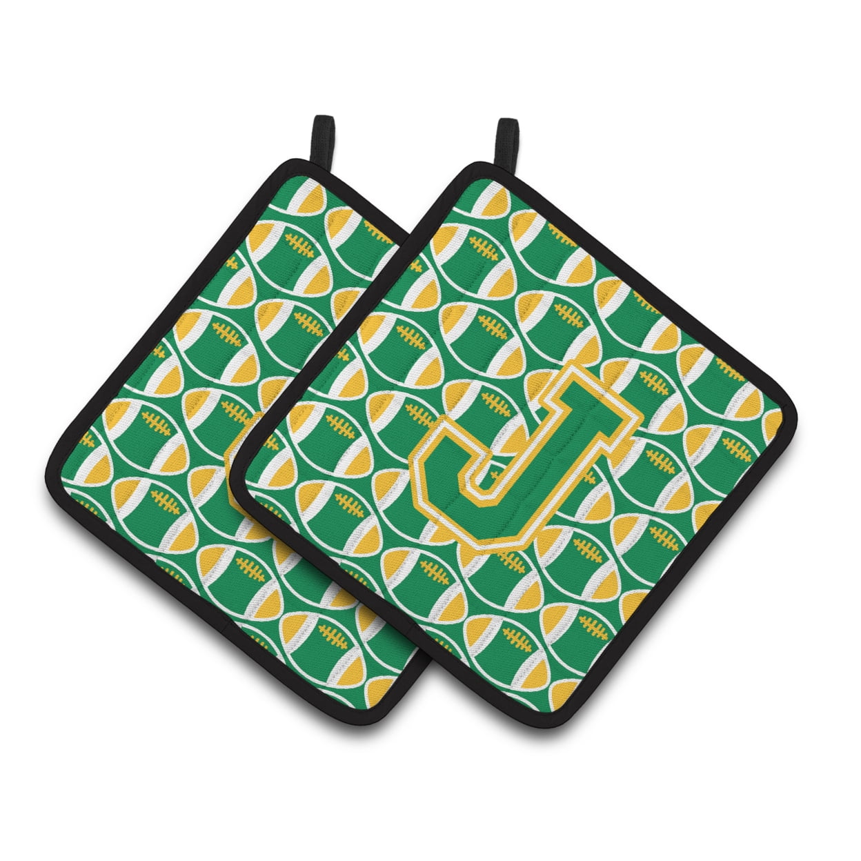Carolines Treasures CJ1069-JPTHD Letter J Football Green and Gold Pair of Pot Holders, 7.5HX7.5W, multicolor