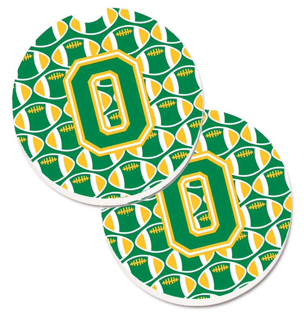 Carolines Treasures CJ1069-OCARC Letter O Football Green & Gold Set of 2 Cup Holder Car Coaster