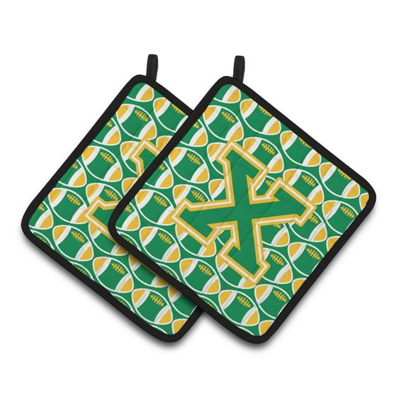 Carolines Treasures CJ1069-XPTHD Letter X Football Green and Gold Pair of Pot Holders, 7.5HX7.5W, multicolor