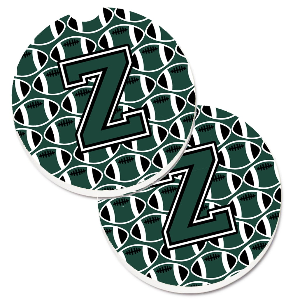 Carolines Treasures CJ1071-ZCARC Letter Z Football Green & White Set of 2 Cup Holder Car Coaster