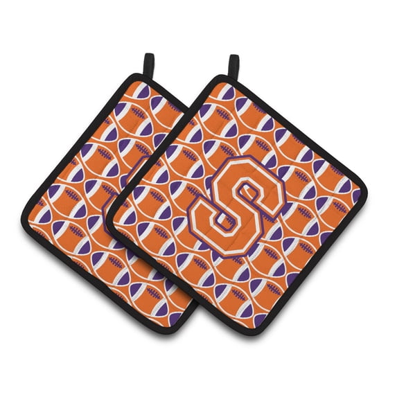 Carolines Treasures CJ1072-SPTHD Letter S Football Orange, White and Regalia Pair of Pot Holders, 7.5HX7.5W, multicolor