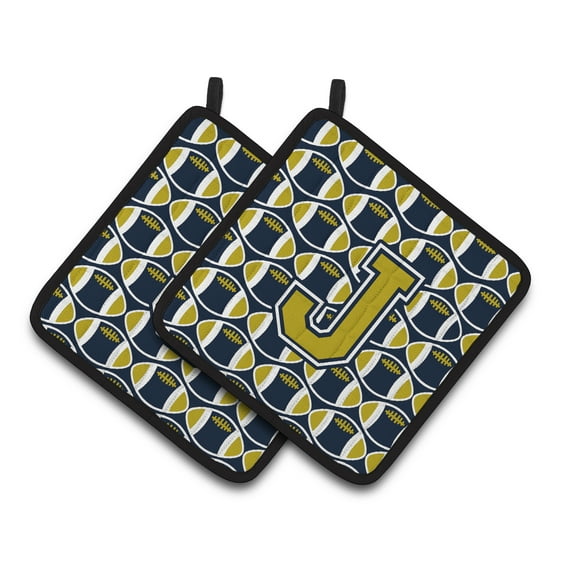 Carolines Treasures CJ1074-JPTHD Letter J Football Blue and Gold Pair of Pot Holders, 7.5HX7.5W, multicolor