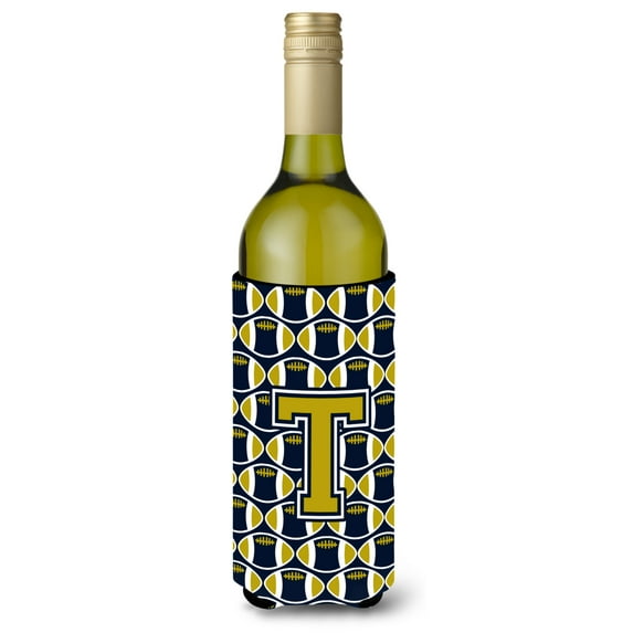 Carolines Treasures CJ1074-TLITERK Letter T Football Blue and Gold Wine Bottle Beverage Insulator Hugger Wine Bottle