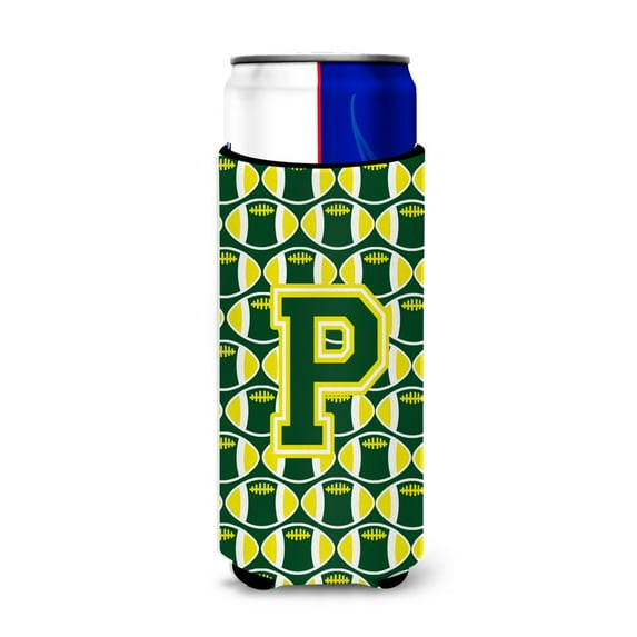 Carolines Treasures CJ1075-PMUK Letter P Football Green and Yellow Ultra Beverage Insulators for slim cans Slim Can