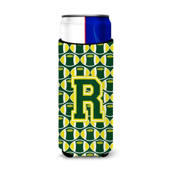 Carolines Treasures CJ1075-RMUK Letter R Football Green and Yellow Ultra Beverage Insulators for slim cans Slim Can