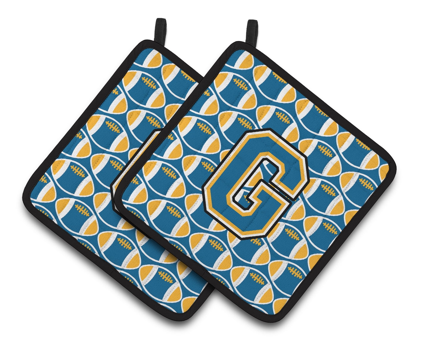 Caroline's Treasures Letter G Football Pair of Pot Holders, Polyester 7.5 x 3 x 7.5 in, Blue & Gold