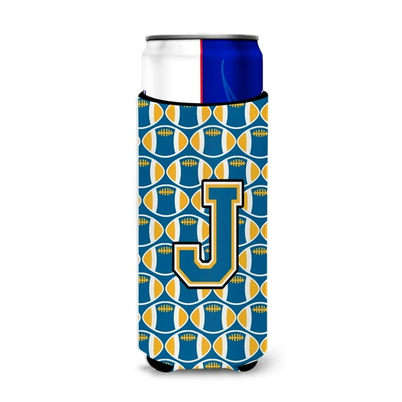 Carolines Treasures CJ1077-JMUK Letter J Football Blue and Gold Ultra Beverage Insulators for slim cans Slim Can