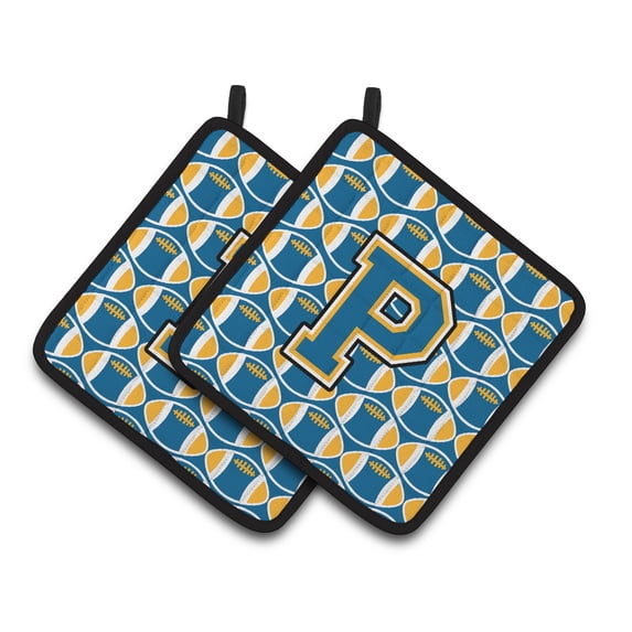 Carolines Treasures CJ1077-PPTHD Letter P Football Blue and Gold Pair of Pot Holders, 7.5HX7.5W, multicolor