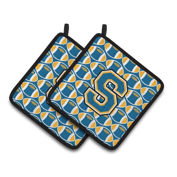 Carolines Treasures CJ1077-SPTHD Letter S Football Blue and Gold Pair of Pot Holders, 7.5HX7.5W, multicolor