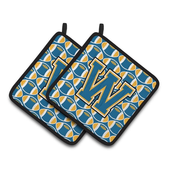 Carolines Treasures CJ1077-WPTHD Letter W Football Blue and Gold Pair of Pot Holders, 7.5HX7.5W, multicolor