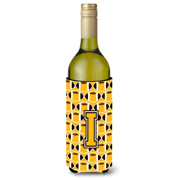 Carolines Treasures CJ1080-ILITERK Letter I Football Black Old Gold and White Wine Bottle Beverage Insulator Hugger