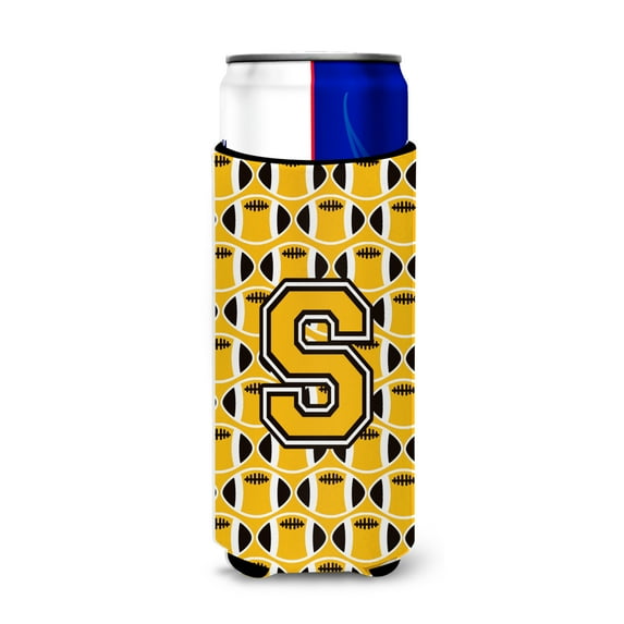 Carolines Treasures CJ1080-SMUK Letter S Football Black Old Gold and White Ultra Beverage Insulators for slim cans Slim