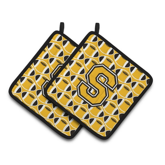 Carolines Treasures CJ1080-SPTHD Letter S Football Black, Old Gold and White Pair of Pot Holders, 7.5HX7.5W, multicolor