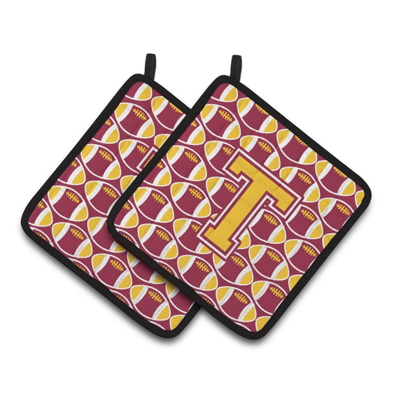 Carolines Treasures CJ1081-TPTHD Letter T Football Maroon and Gold Pair of Pot Holders, 7.5HX7.5W, multicolor