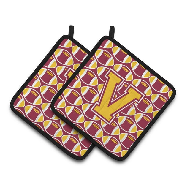 Carolines Treasures CJ1081-VPTHD Letter V Football Maroon and Gold Pair of Pot Holders, 7.5HX7.5W, multicolor