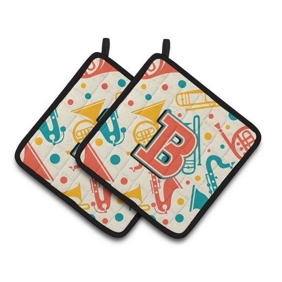 Carolines Treasures CJ2001-BPTHD Letter B Retro Teal Orange Musical Instruments Initial Pair of Pot Holders, 7.5 x 3 x 7.5 in.