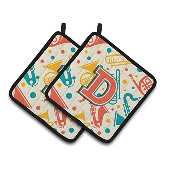 Carolines Treasures CJ2001-DPTHD Letter D Retro Teal Orange Musical Instruments Initial Pair of Pot Holders, 7.5 x 3 x 7.5 in.