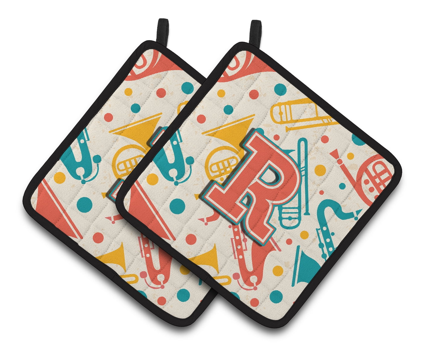 Carolines Treasures CJ2001-RPTHD Letter R Retro Teal Orange Musical Instruments Initial Pair of Pot Holders, 7.5 x 3 x 7.5 in.
