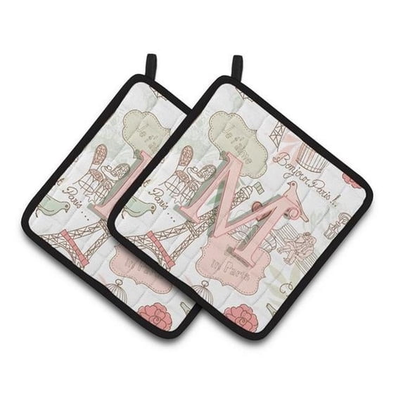 Carolines Treasures CJ2002-MPTHD Letter M Love in Paris Pink Pair of Pot Holders, 7.5 x 3 x 7.5 in.