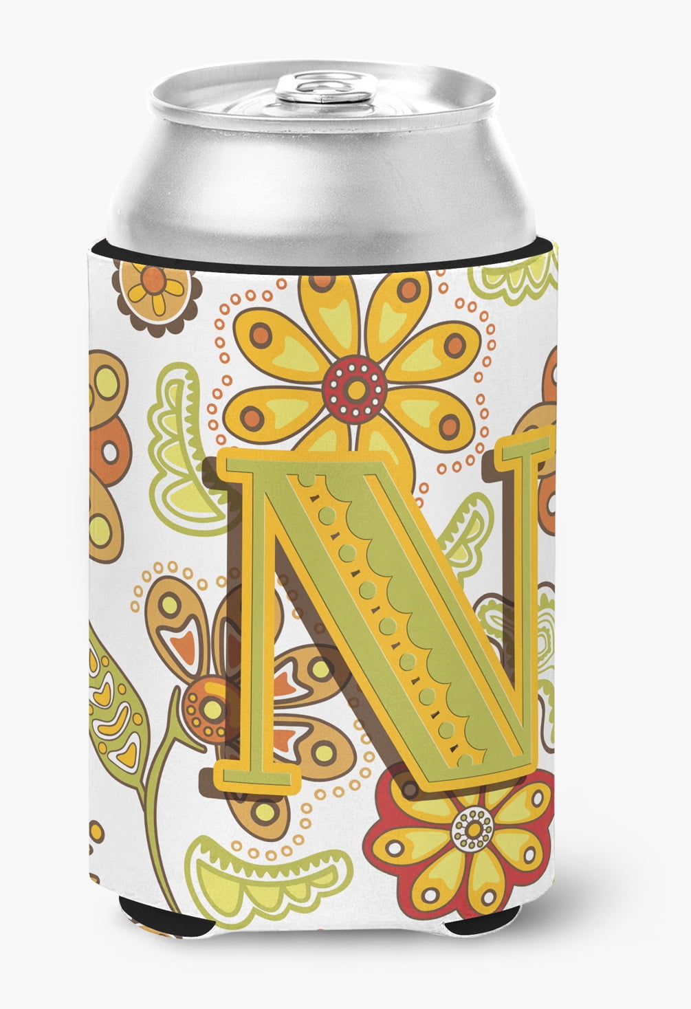 Carolines Treasures CJ2003-NCC Letter N Floral Mustard And Green Can & Bottle Hugger