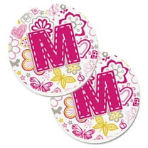 Carolines Treasures CJ2005-MCARC Letter M Flowers and Butterflies Pink Set of 2 Cup Holder Car Coasters  Large