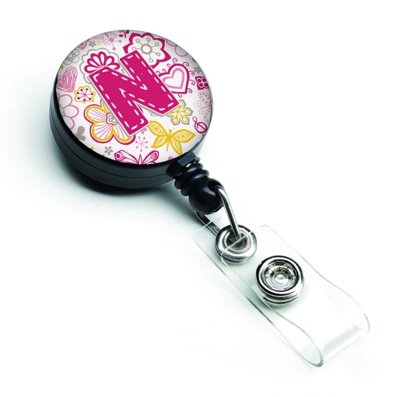 caroline's treasures letter n flowers and butterflies pink retractable badge reel, multicolor (cj2005-nbr)
