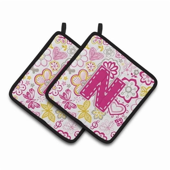 Carolines Treasures CJ2005-NPTHD Letter N Flowers & Butterflies Pink Pair of Pot Holders, 7.5 x 3 x 7.5 in.