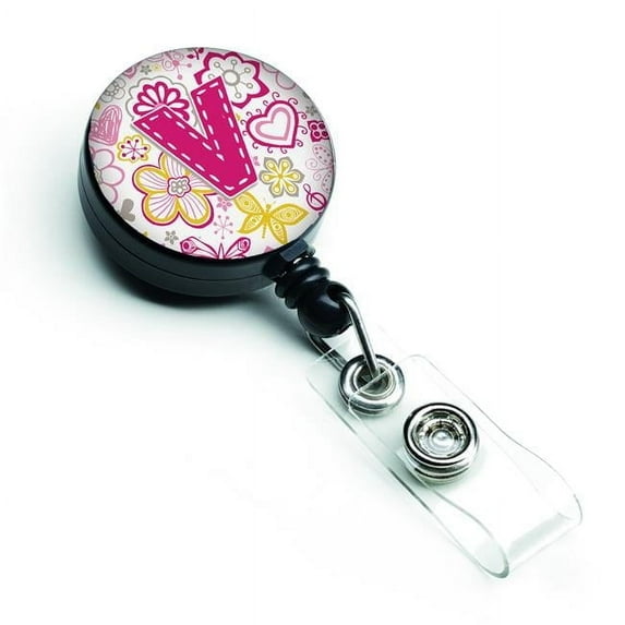 Carolines Treasures CJ2005-VBR Letter V Flowers & Butterflies Pink Retractable Badge Reel