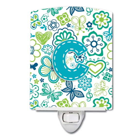 Letter C Flowers and Butterflies Teal Blue Ceramic Night Light