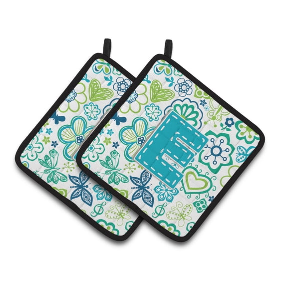 Letter E Flowers and Butterflies Teal Blue Pair of Pot Holders