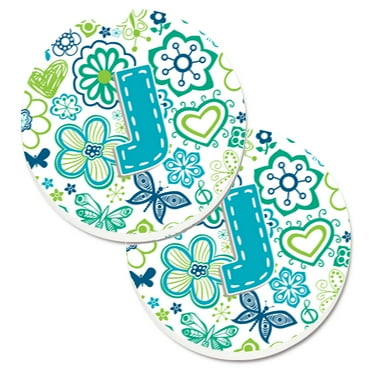 Carolines Treasures CJ2006-JCARC Letter J Flowers and Butterflies Teal Blue Set of 2 Cup Holder Car Coasters  Large