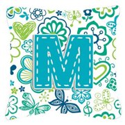 Carolines Treasures CJ2006-MPW1818 Letter M Flowers And Butterflies Teal Blue Canvas Fabric Decorative Pillow