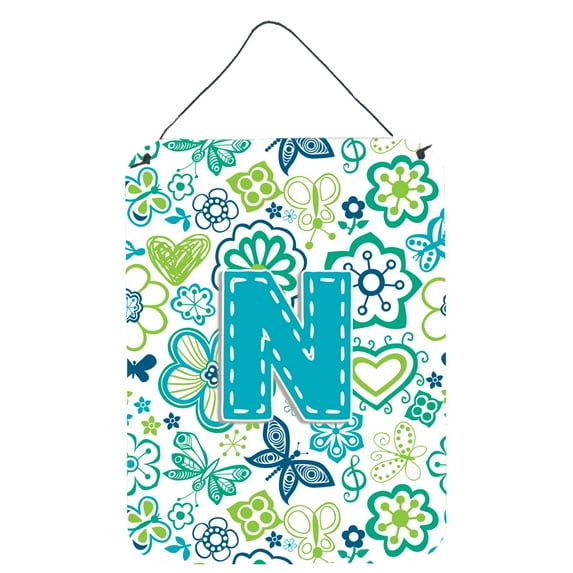 Carolines Treasures CJ2006-NDS1216 Letter N Flowers And Butterflies Teal Blue Wall and Door Hanging Prints