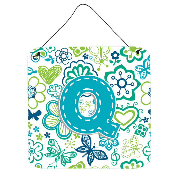 Carolines Treasures CJ2006-QDS66 Letter Q Flowers And Butterflies Teal Blue Wall and Door Hanging Prints