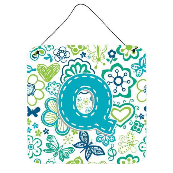 Carolines Treasures CJ2006-QDS66 Letter Q Flowers And Butterflies Teal Blue Wall and Door Hanging Prints
