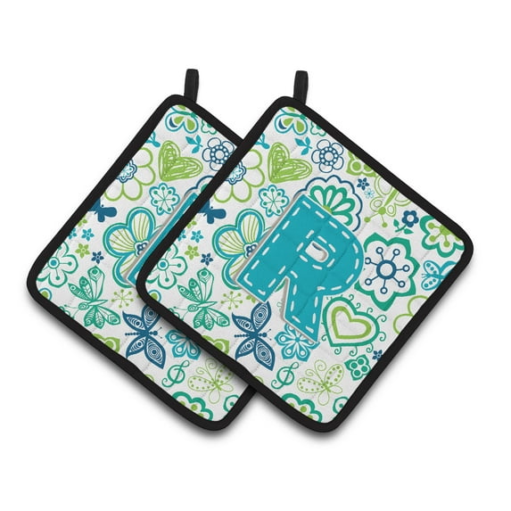 Letter R Flowers and Butterflies Teal Blue Pair of Pot Holders