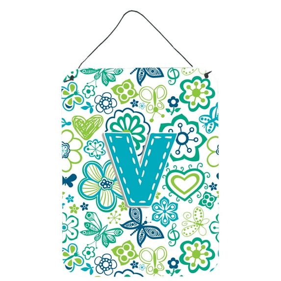 Carolines Treasures CJ2006-VDS1216 Letter V Flowers And Butterflies Teal Blue Wall and Door Hanging Prints