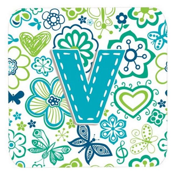 Carolines Treasures CJ2006-VFC Letter V Flowers And Butterflies Teal Blue Foam Coasters- Set Of 4