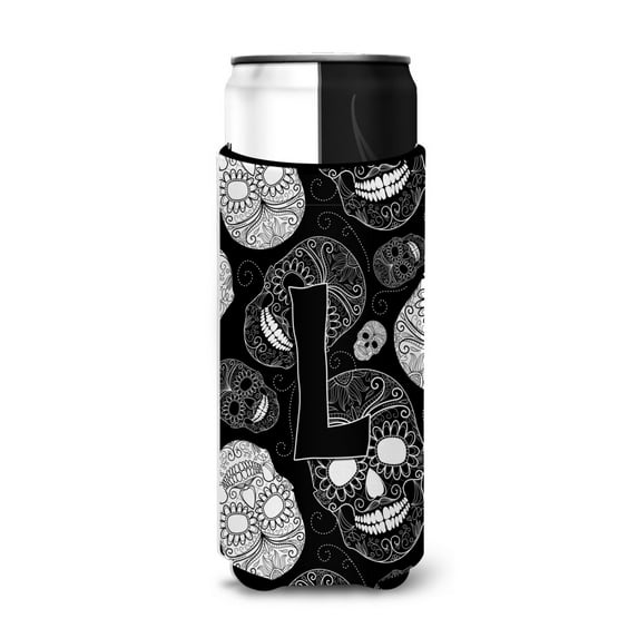 Carolines Treasures CJ2008-LMUK Letter L Day of the Dead Skulls Black Ultra Beverage Insulators for slim cans Slim Can