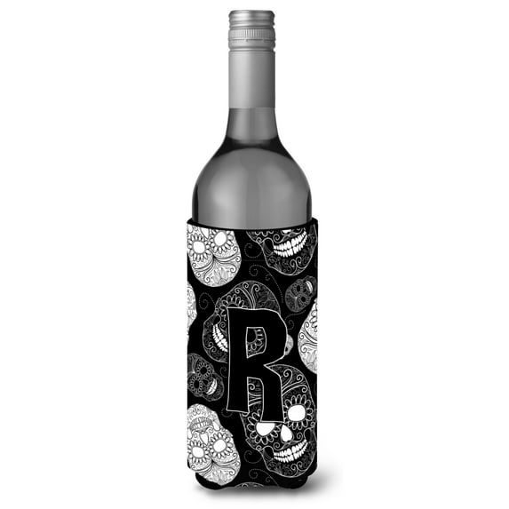Carolines Treasures CJ2008-RLITERK Letter R Day of the Dead Skulls Black Wine Bottle Beverage Insulator Hugger Wine