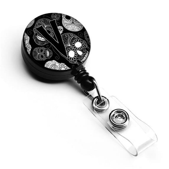 Carolines Treasures CJ2008-VBR Letter V Day of the Dead Skulls Black Retractable Badge Reel