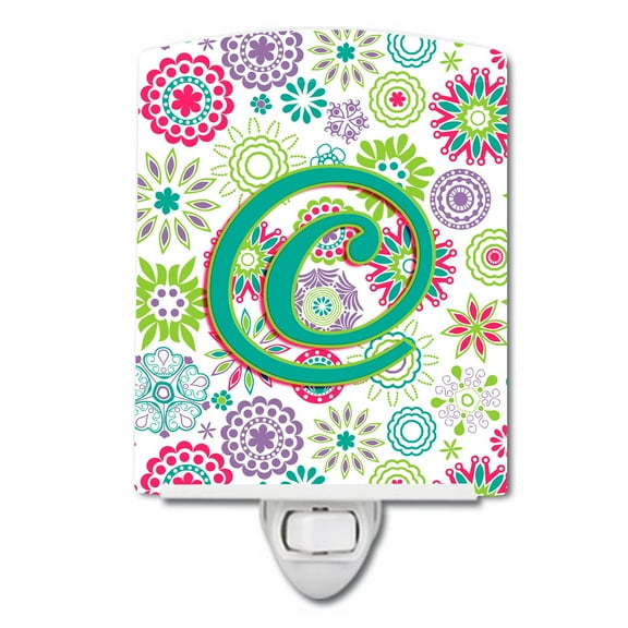 Carolines Treasures CJ2011-CCNL Letter C Flowers Pink Teal Green Initial Ceramic Night Light, 6x4x3", multicolor
