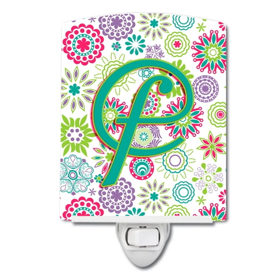 Carolines Treasures CJ2011-FCNL Letter F Flowers Pink Teal Green Initial Ceramic Night Light, 6x4x3", multicolor