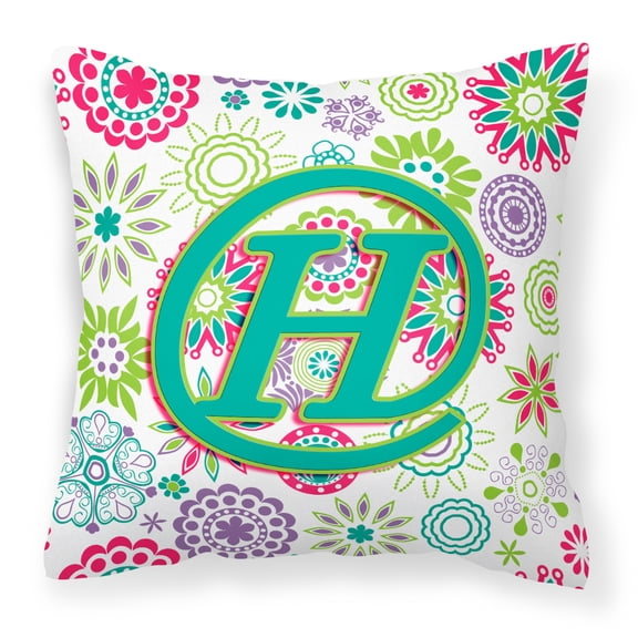 Carolines Treasures CJ2011-HPW1414 Letter H Flowers Pink Teal Green Initial Canvas Fabric Decorative Pillow 14Hx14W