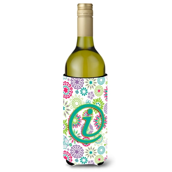 Carolines Treasures CJ2011-ILITERK Letter I Flowers Pink Teal Green Initial Wine Bottle Beverage Insulator Hugger Wine