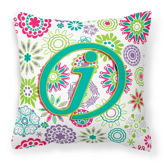 Carolines Treasures CJ2011-JPW1414 Letter J Flowers Pink Teal Green Initial Canvas Fabric Decorative Pillow 14Hx14W